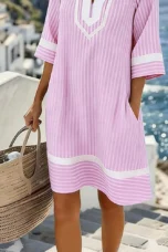 Olive | Striped Cotton Split Neck Dress