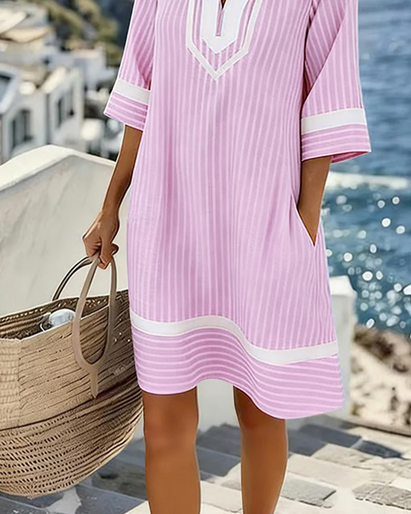 Olive | Striped Cotton Split Neck Dress