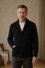 Cashmere Shawl Collar Button Cardigan - Black - front hero