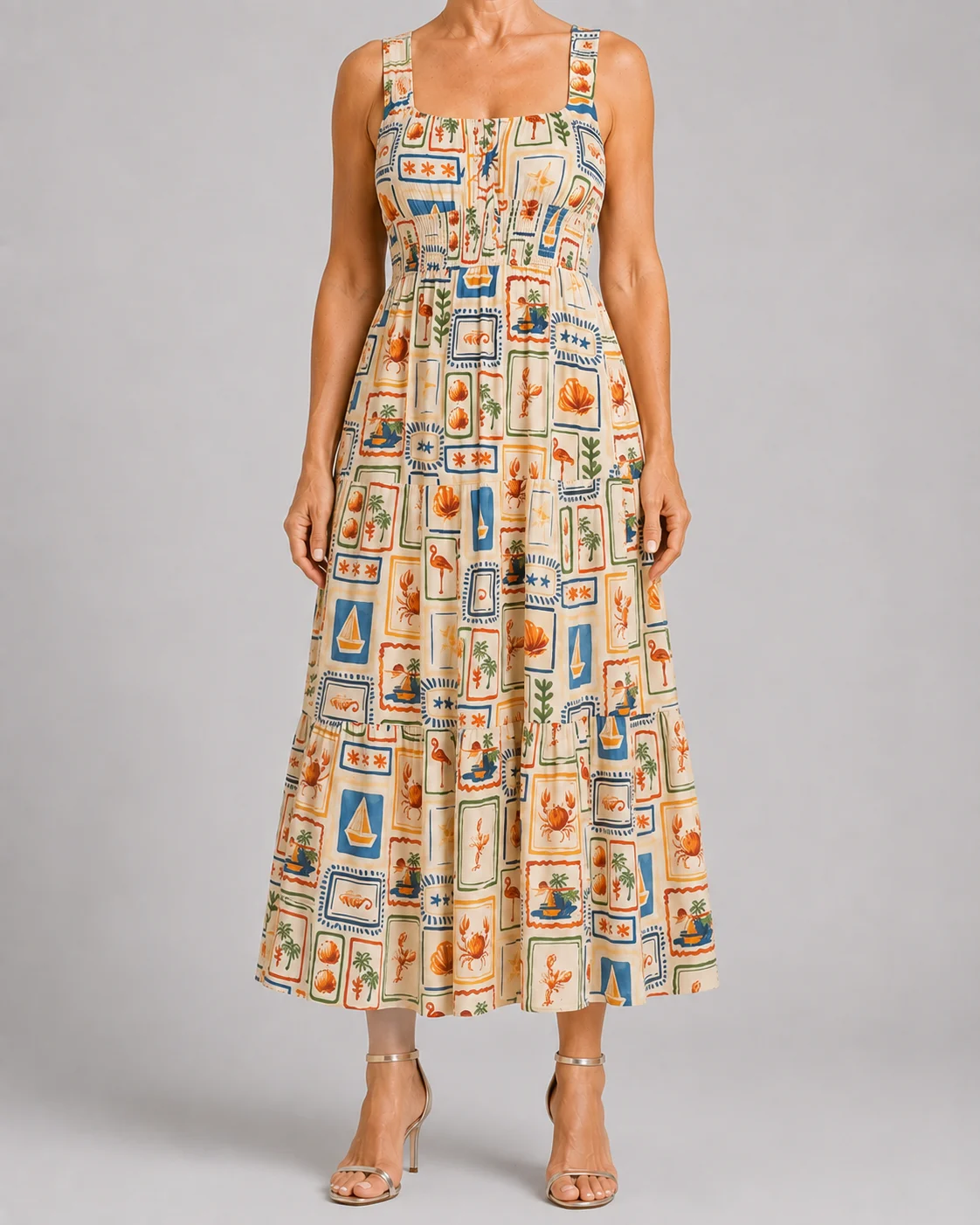 Orpha | Seaside Print Tiered Midi Dress