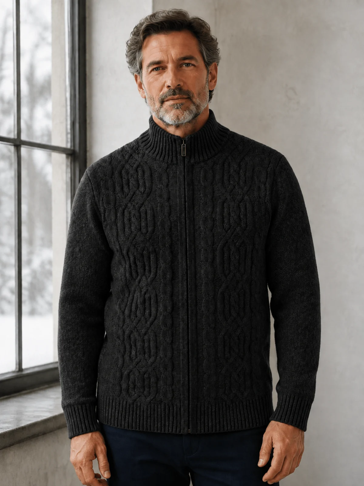Wool Cashmere Fleece Lined Cardigan - Black hero