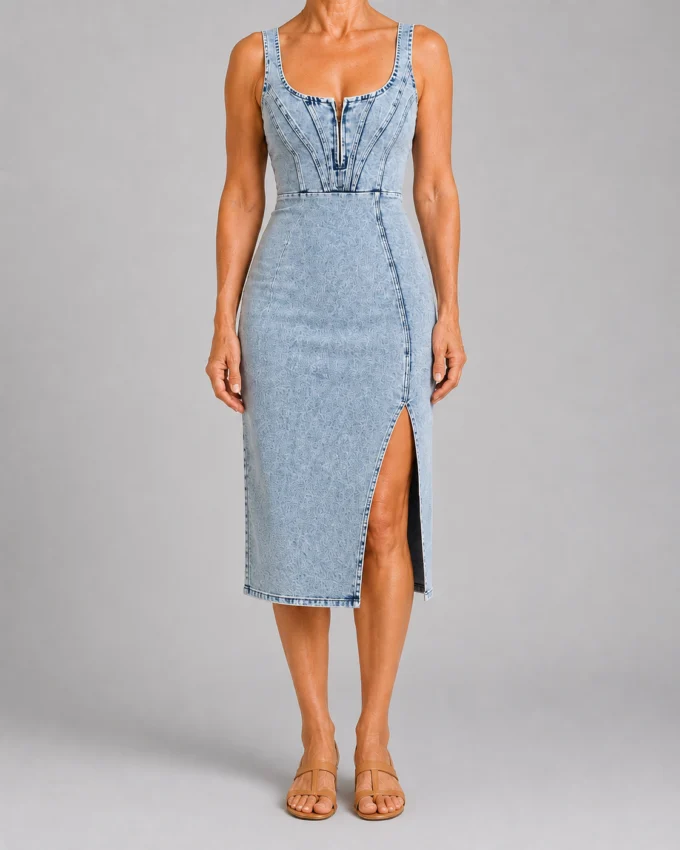 Alvina | Panel Seam Denim Midi Dress
