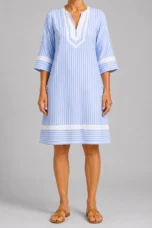 Olive | Striped Cotton Split Neck Dress
