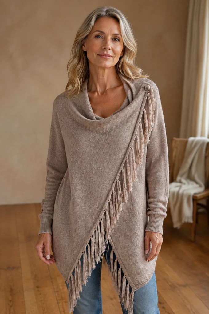 Norma | Draped Neck Fringe Trim Wrap Sweater editorial product photograph
