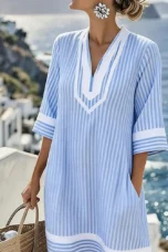 Olive | Striped Cotton Split Neck Dress
