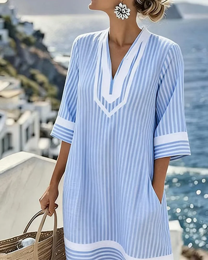 Olive | Striped Cotton Split Neck Dress