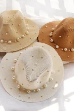 Pearl Trimmed Natural Straw Fedora