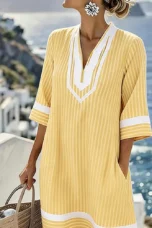 Olive | Striped Cotton Split Neck Dress