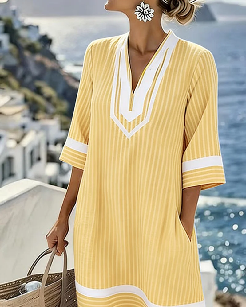 Olive | Striped Cotton Split Neck Dress