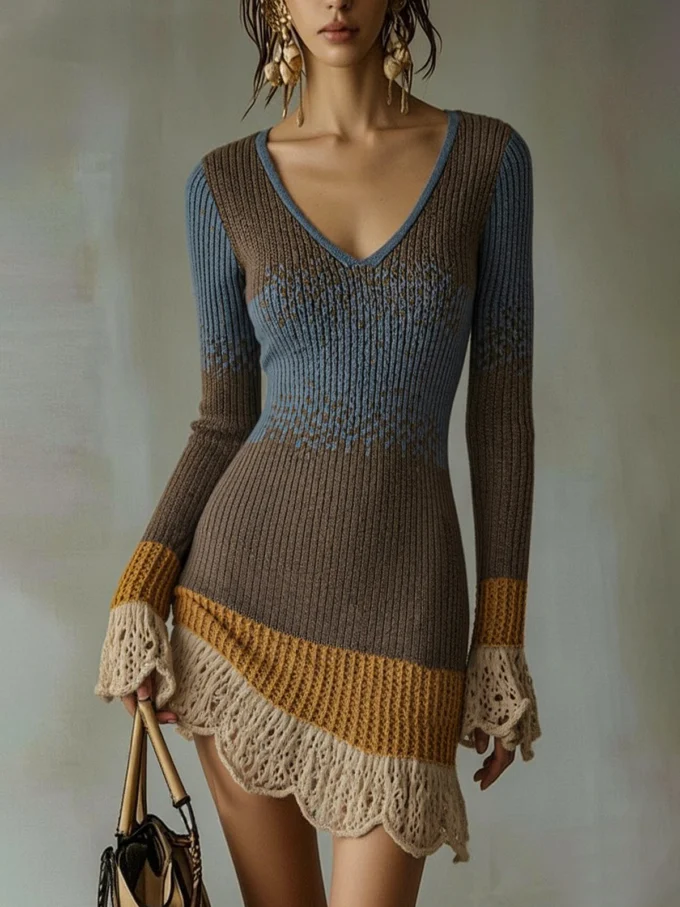 Desneiges | Ribbed Knit Colourblock Dress