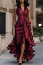 Regina | Satin Halter Ruffle Gown