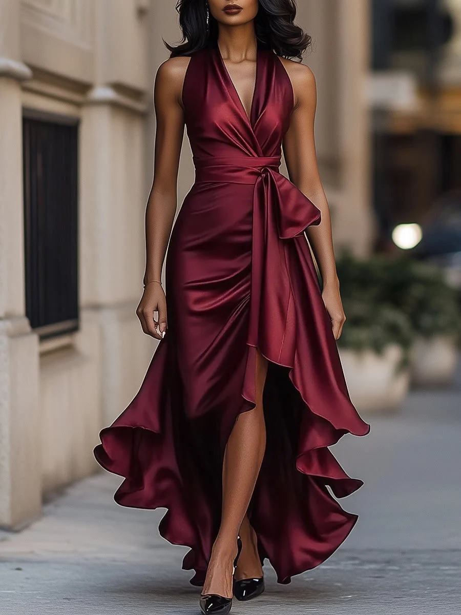 Regina | Satin Halter Ruffle Gown