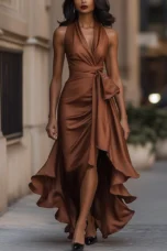 Regina | Satin Halter Ruffle Gown