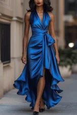Regina | Satin Halter Ruffle Gown