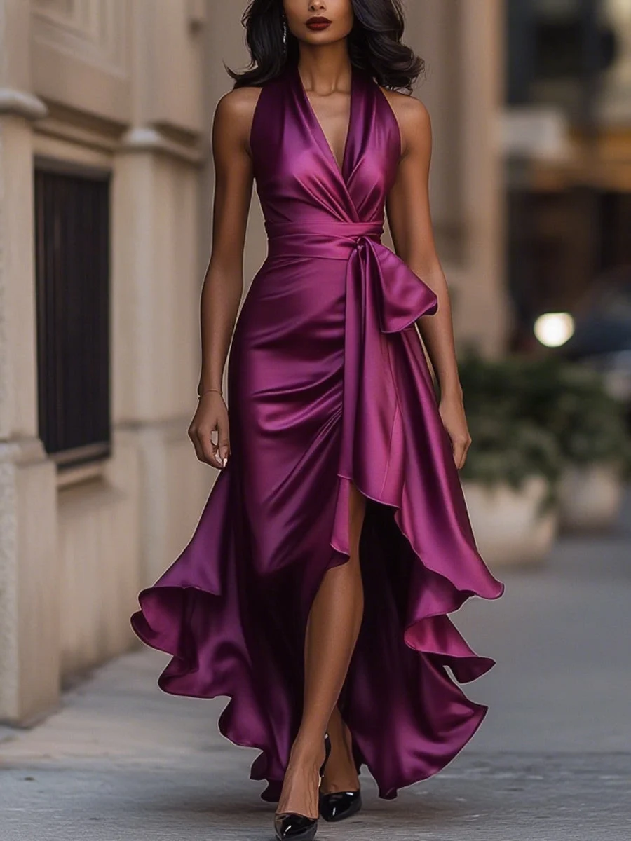 Regina | Satin Halter Ruffle Gown