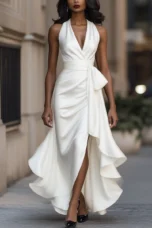 Regina | Satin Halter Ruffle Gown