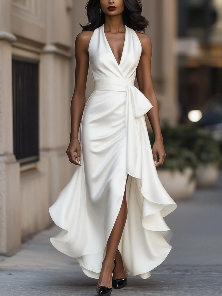 Regina | Satin Halter Ruffle Gown