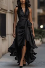 Regina | Satin Halter Ruffle Gown