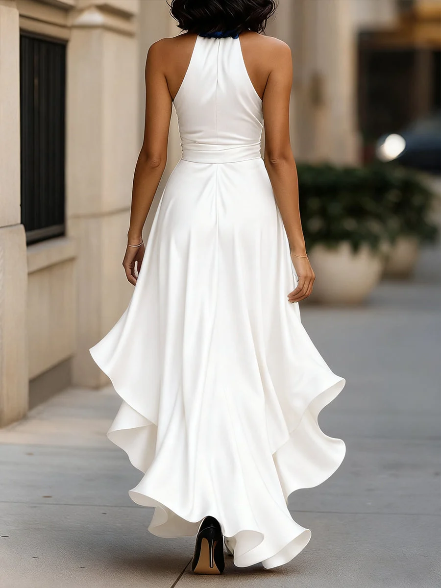Regina | Satin Halter Ruffle Gown