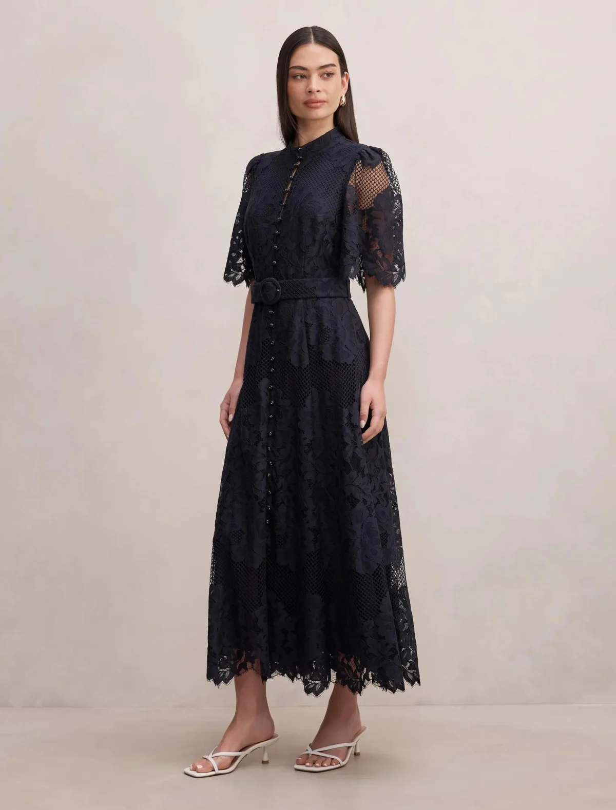 Alberta | Lined Floral Lace Midi Dress