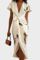 Jacinthe | Leaf Print Tie Waist Wrap Dress