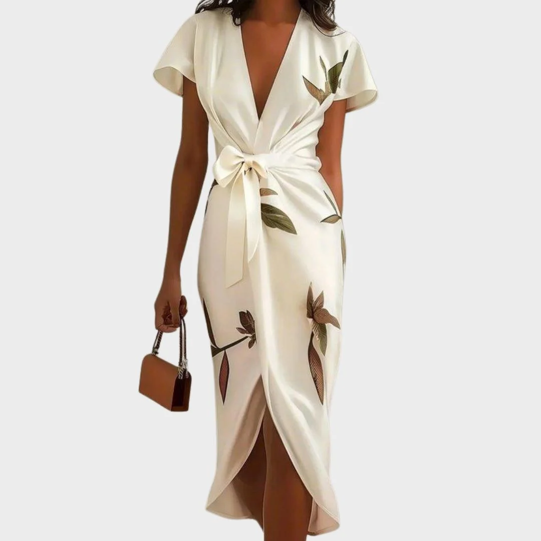 Jacinthe | Leaf Print Tie Waist Wrap Dress