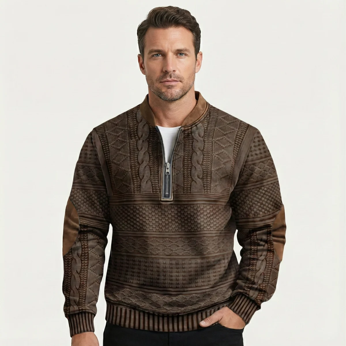 Martial | Elbow Patch Patterned Half Zip