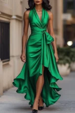 Regina | Satin Halter Ruffle Gown
