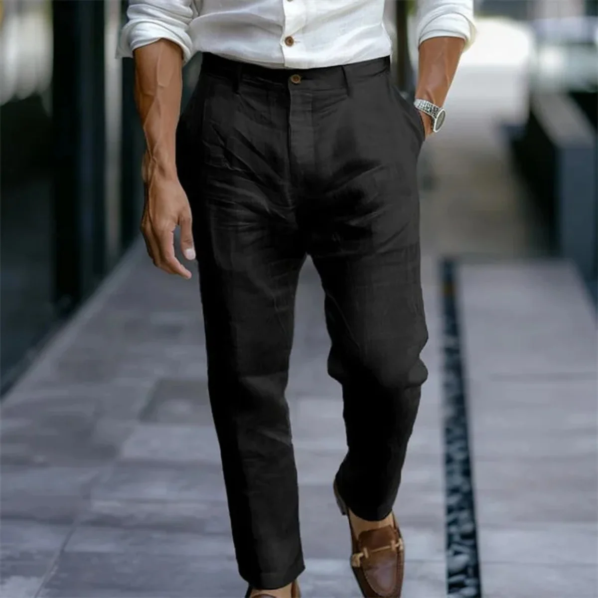 Marielle | Slim Leg Cotton-Linen Trousers