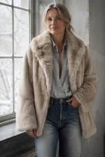 24-Hour-Shipping Soft Taupe Faux Fur Oversized Long Sleeve Coat editorial product photograph