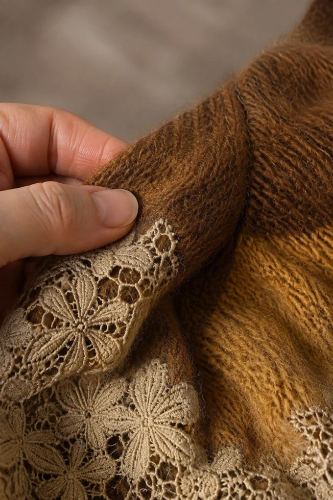 24-Hour-Shipping Brown Ombre Knit Lace Oversized Long Sleeve Mini Dress fabric texture close-up