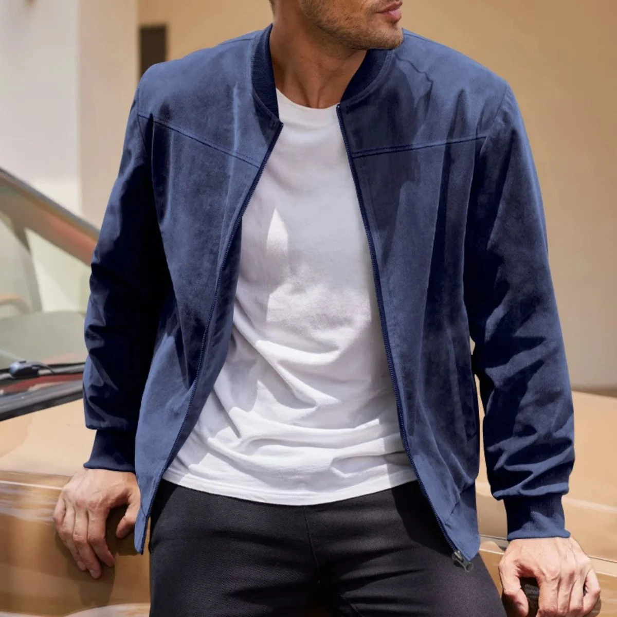 Theophile | Ribbed Cuff Faux Suede Jacket