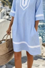 Olive | Striped Cotton Split Neck Dress