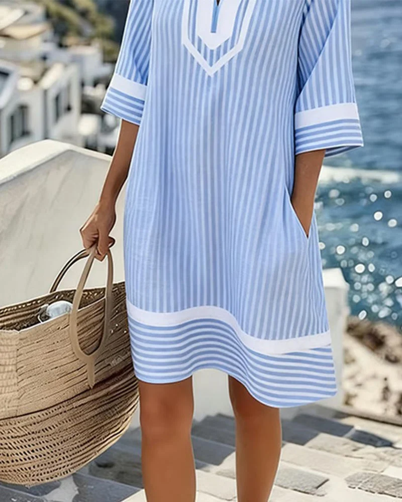 Olive | Striped Cotton Split Neck Dress