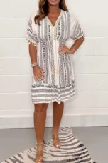 Alexina | Cotton Print Pompom Midi Dress