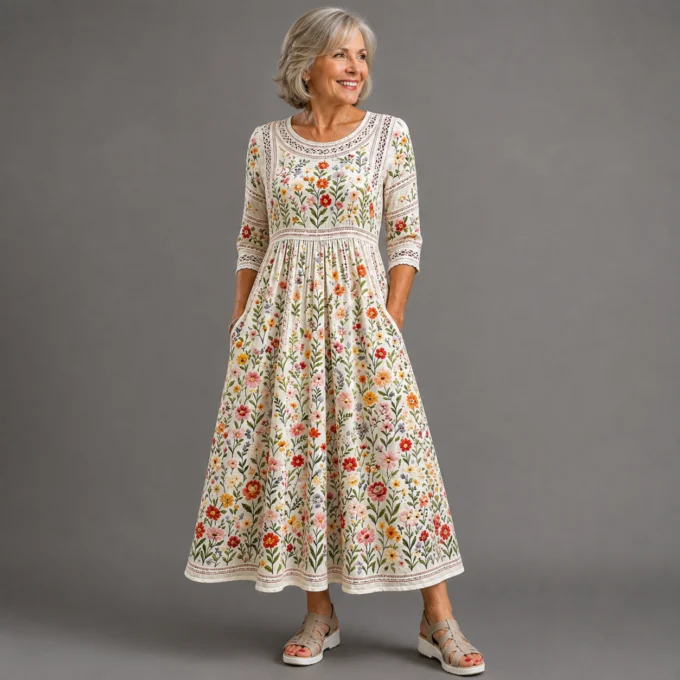 Victorine | Floral Midi Dress, Lace Trim