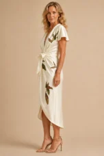 Jacinthe | Leaf Print Tie Waist Wrap Dress