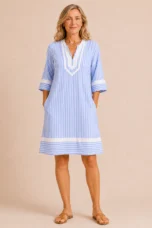Olive | Striped Cotton Split Neck Dress