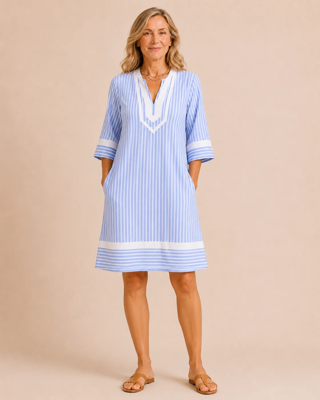 Olive | Striped Cotton Split Neck Dress