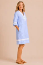 Olive | Striped Cotton Split Neck Dress