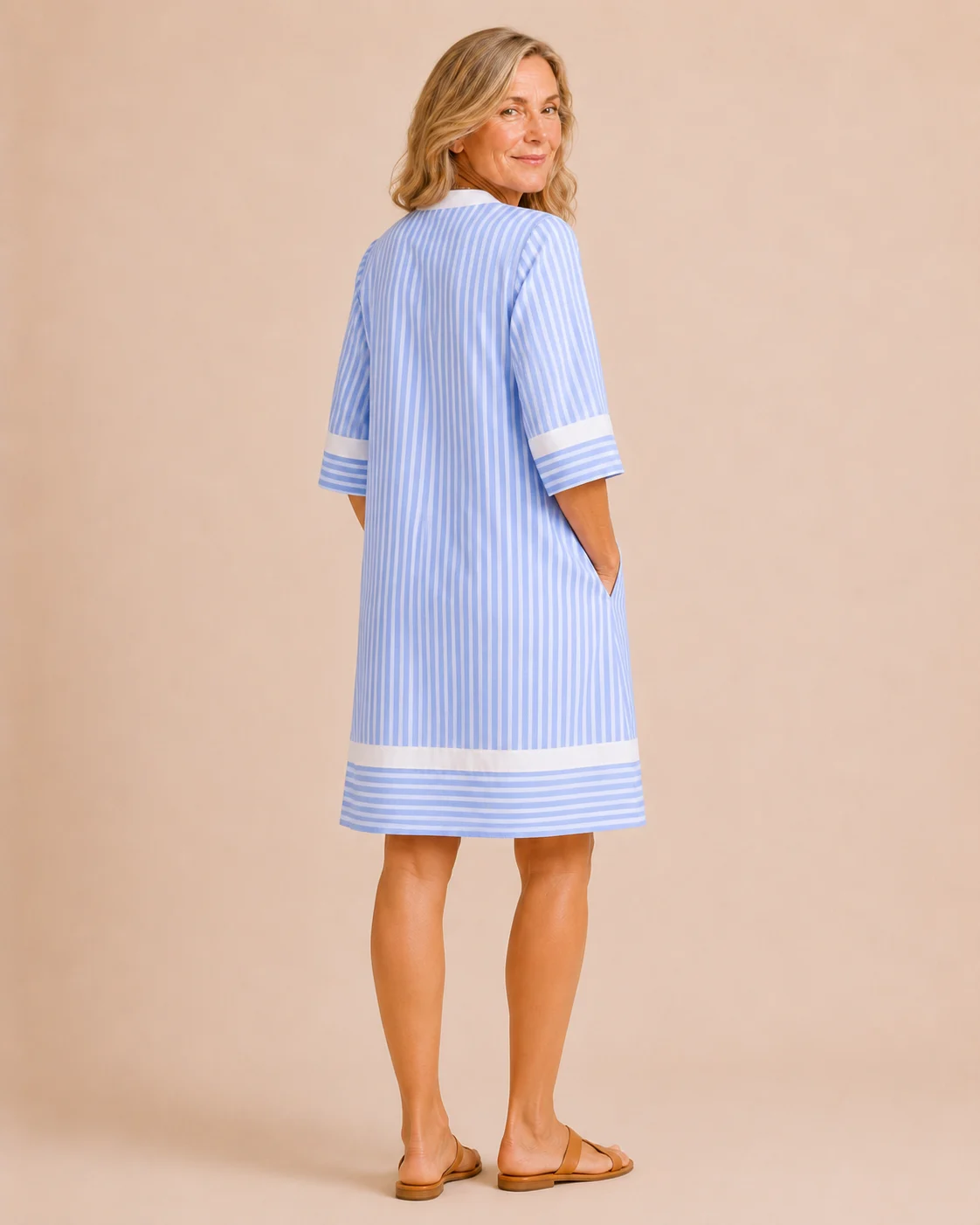 Olive | Striped Cotton Split Neck Dress
