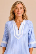 Olive | Striped Cotton Split Neck Dress