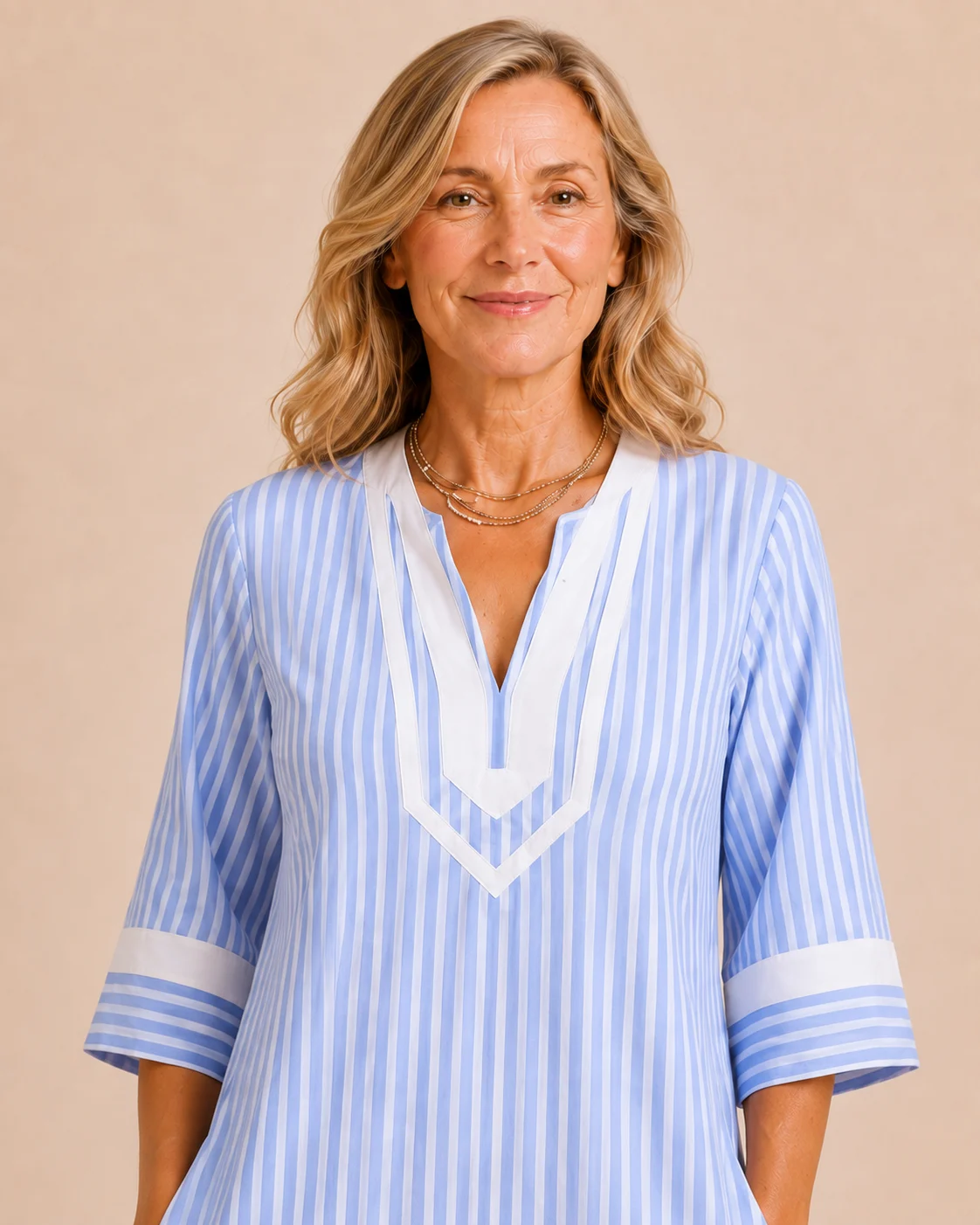 Olive | Striped Cotton Split Neck Dress