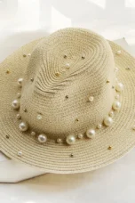 Pearl Trimmed Natural Straw Fedora