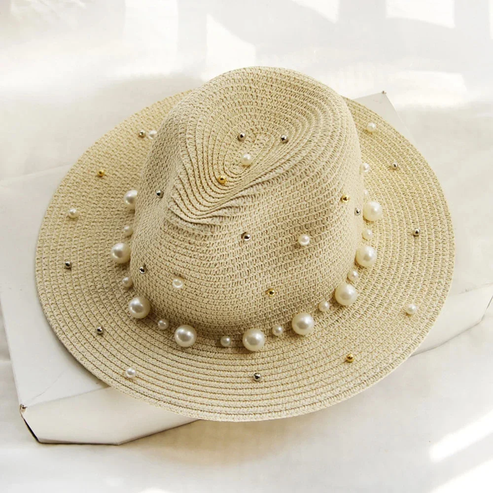 Pearl Trimmed Natural Straw Fedora