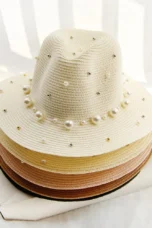 Pearl Trimmed Natural Straw Fedora