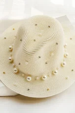 Pearl Trimmed Natural Straw Fedora