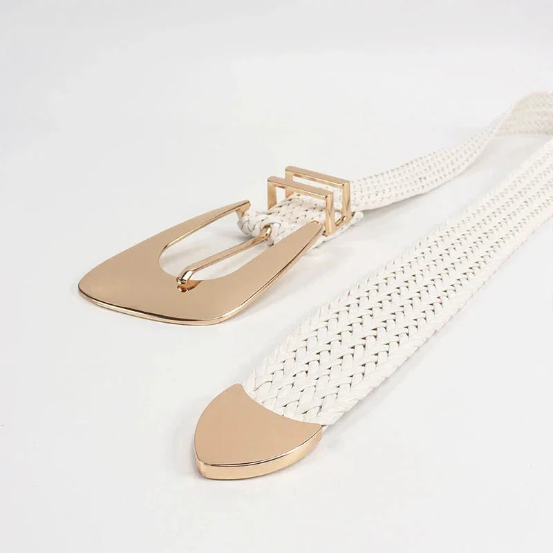 Woven Stretch Belt, Hooked Gold Buckle