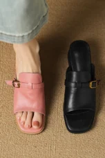 Gerardine | Leather Buckle Mid Heel Slides