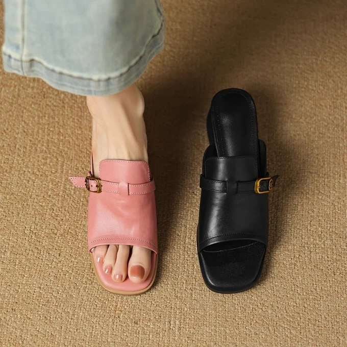 Gerardine | Leather Buckle Mid Heel Slides